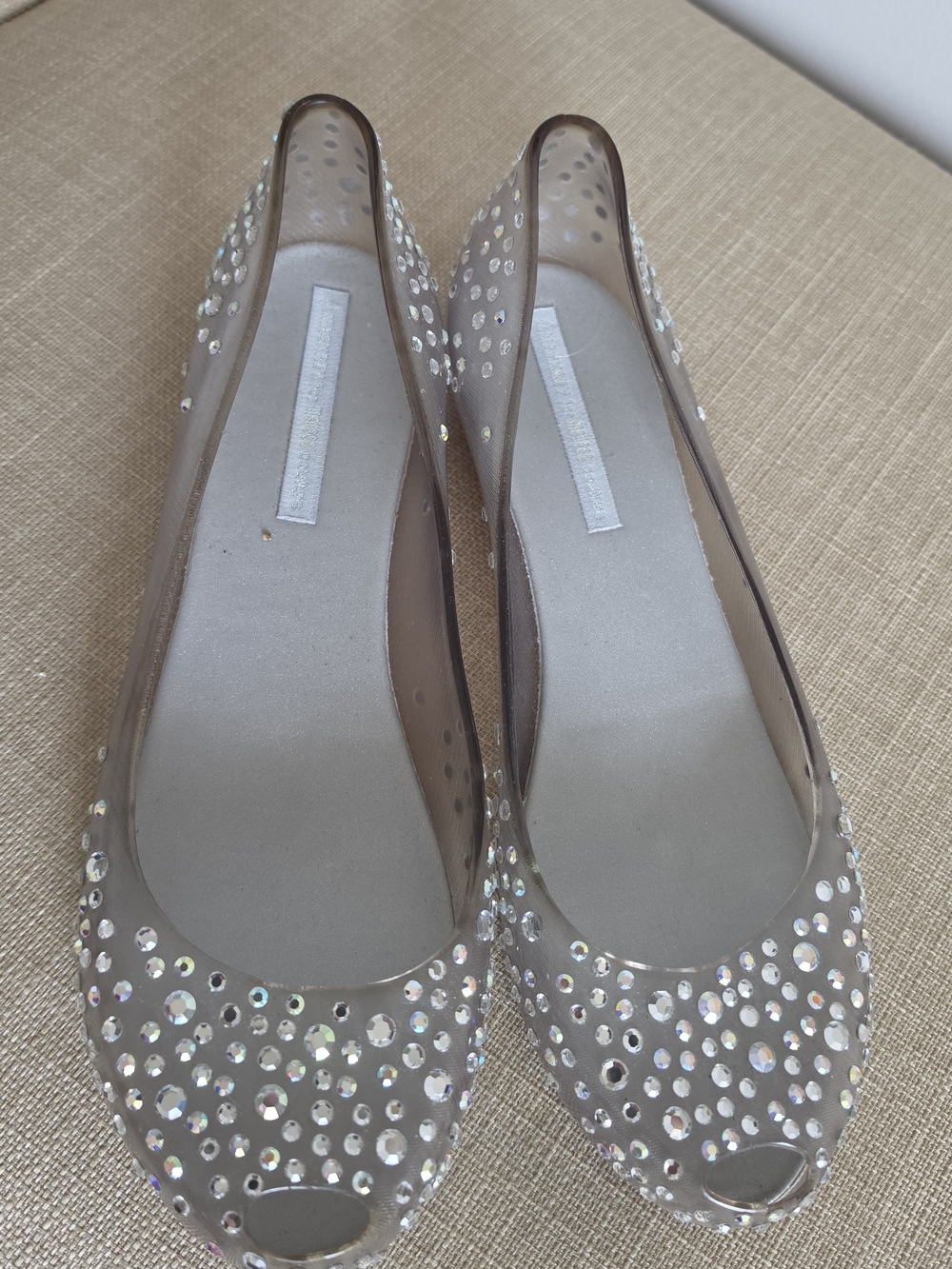 Melissa Taupe Crystal-Embellished Peep-Toe Flats